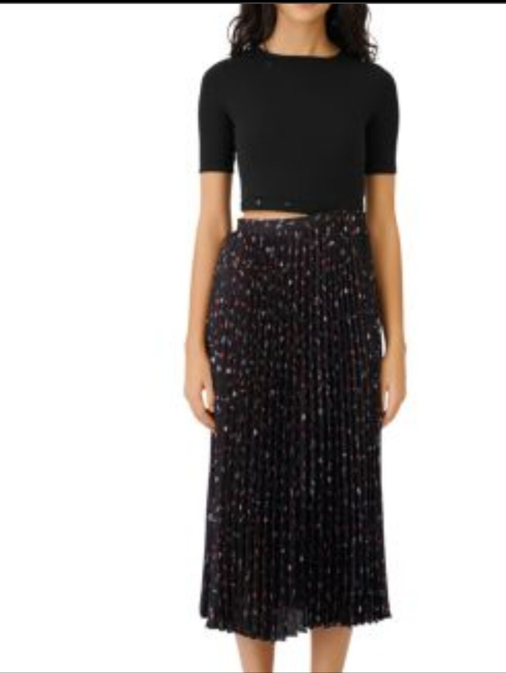 Maje Riplita Mixed Media Pleated Midi Dress Black Heart Kiss Print Size 40 US 8